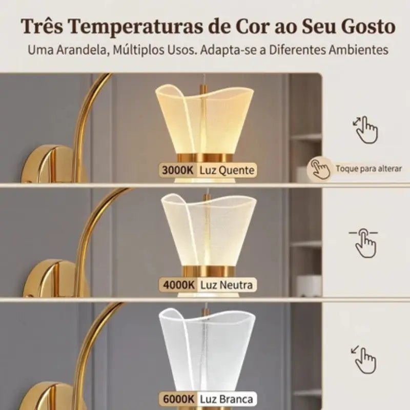 Arandela de Parede Dourada 3 Cores de Luz Bivolt