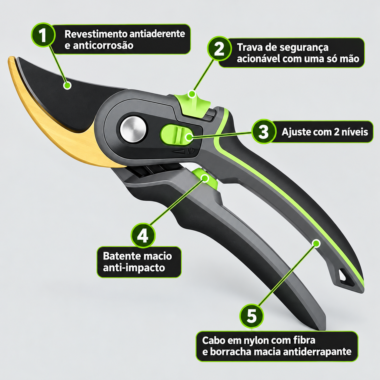 PodaPro Tesoura de Poda Ergonômica com Lâmina de Aço SK5
