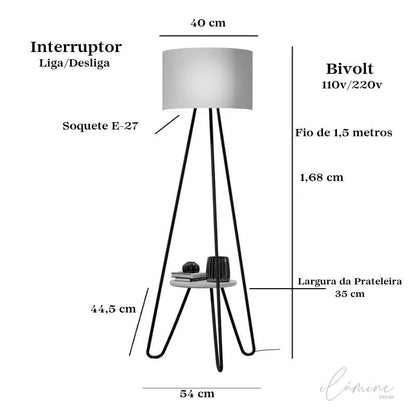 Luminária de Chão Estilo Industrial Com Prateleira