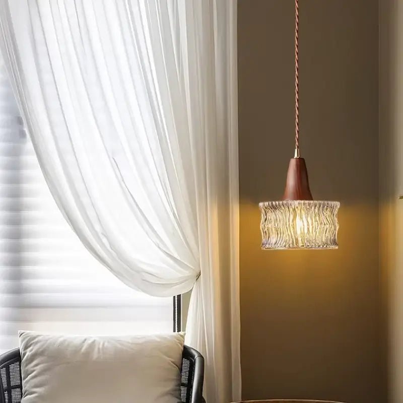 Luminária de Teto Pendente Madeira e Vidro Estilo Nórdico