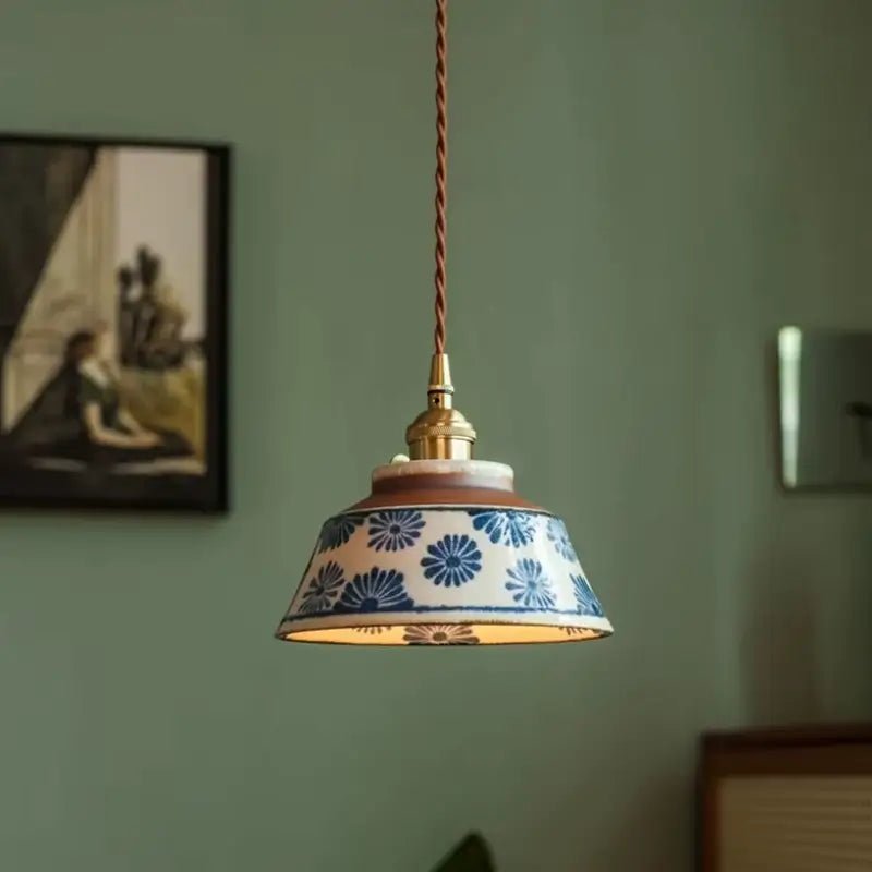 Luminária de Teto Pendente Vintage em Cerâmica e Pintada à Mão