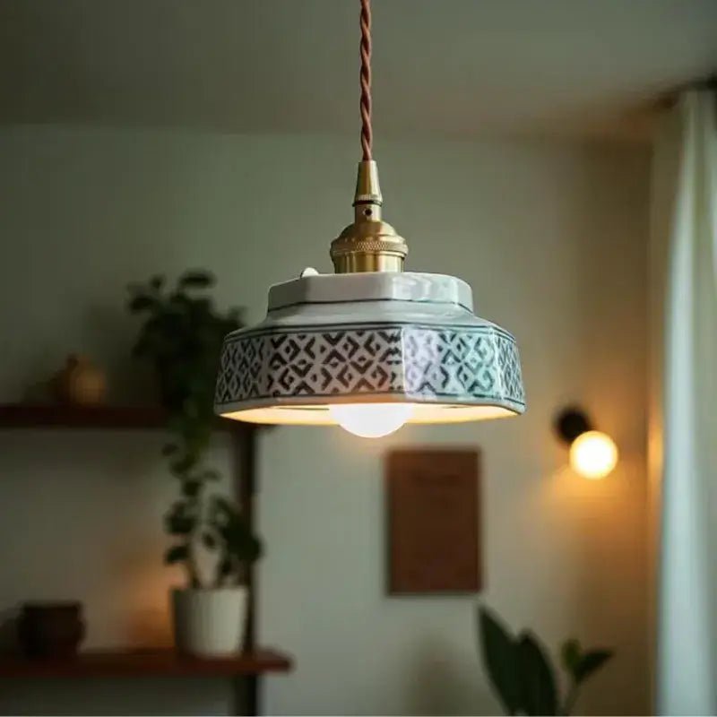 Luminária de Teto Pendente Vintage em Cerâmica e Pintada à Mão