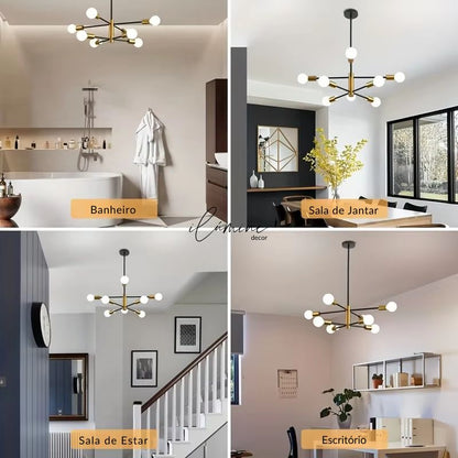 Lustre Para Sala de Jantar Moderno Preto com Dourado
