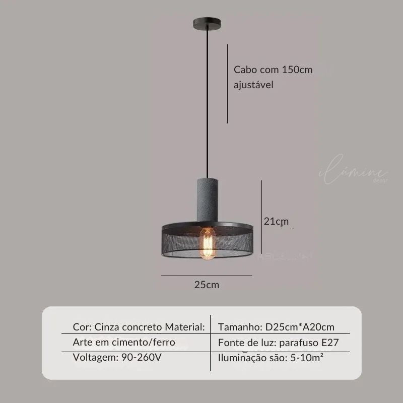 Pendente de Teto Cimento Queimado e Tela de Ferro
